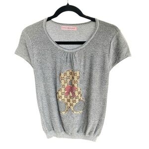 Gray Womens Short Sleeve Knit Sweater Top — Bear Graphic Feminine Y2K, Size S
